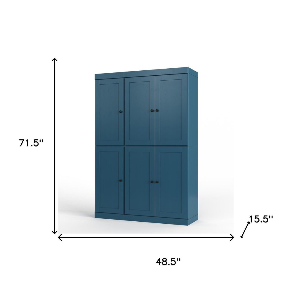 Teal Blue Solid Wood Six Door Two Drawer Pantry or Storage Closet - 72-inch