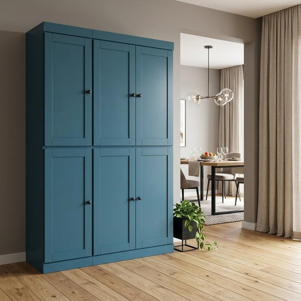 Teal Blue Solid Wood Six Door Two Drawer Pantry or Storage Closet - 72-inch