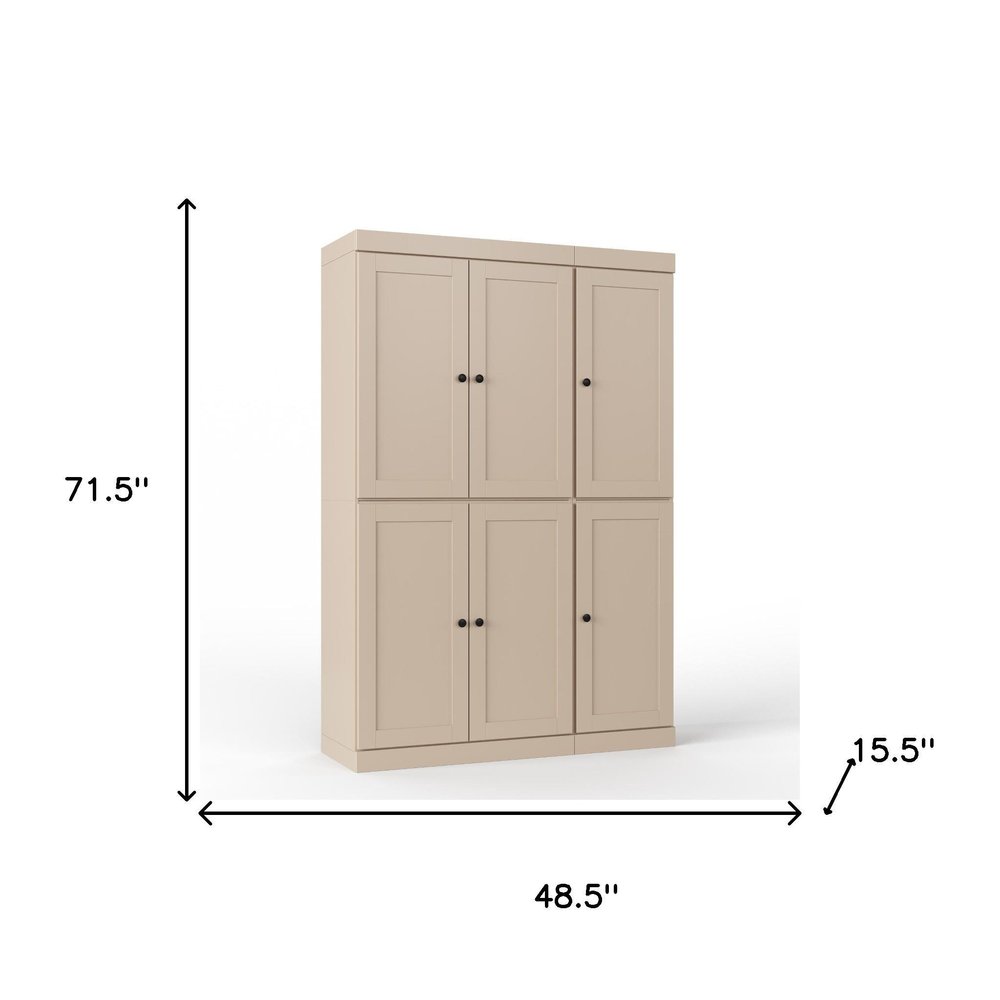 Beige Solid Wood Six Door Two Drawer Pantry or Storage Closet - 72-inch
