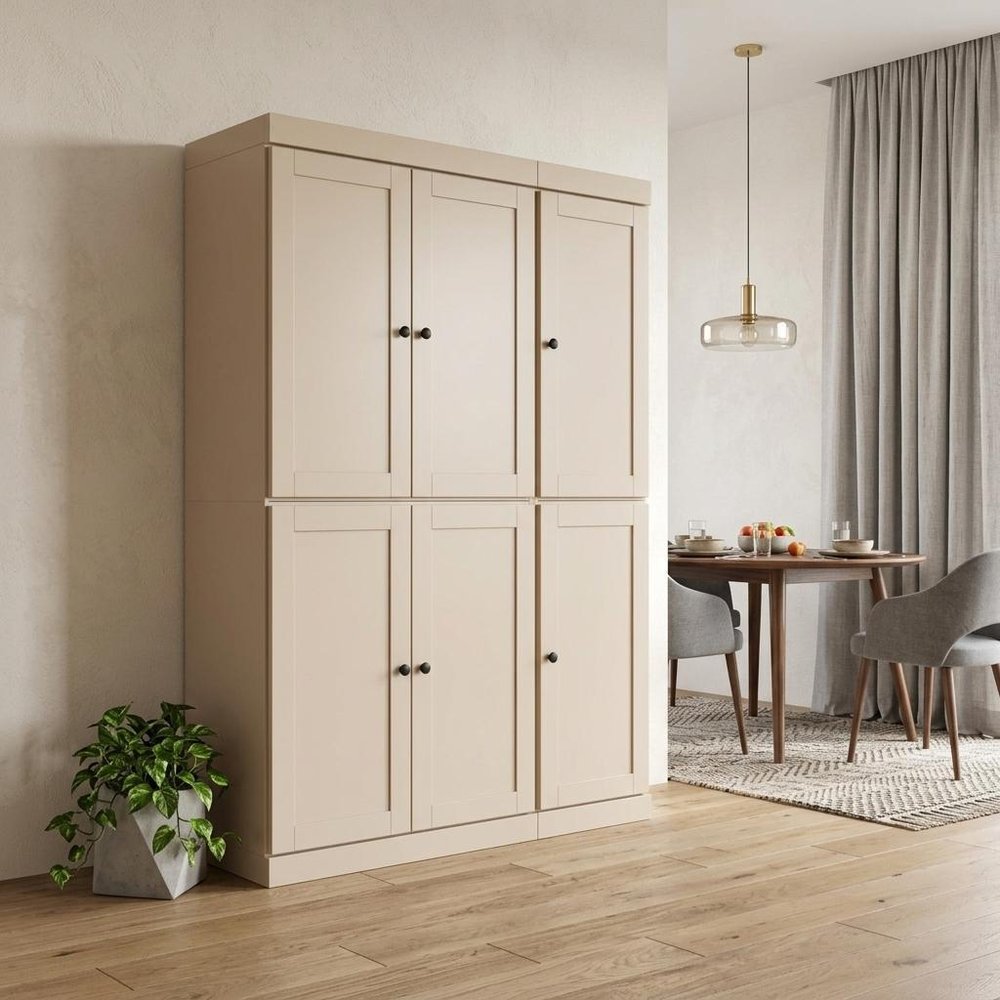 Beige Solid Wood Six Door Two Drawer Pantry or Storage Closet - 72-inch