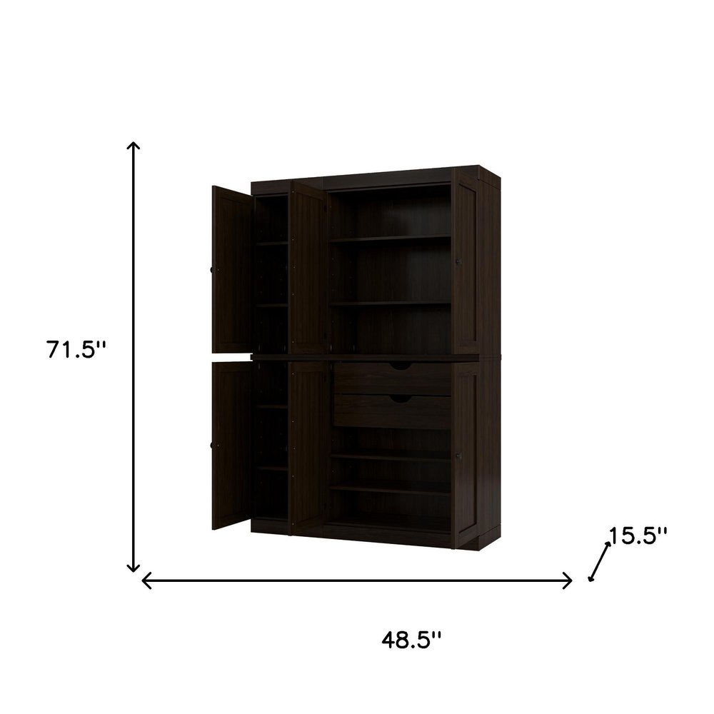 Espresso Solid Wood Six Door Two Drawer Pantry or Storage Closet - 72-inch