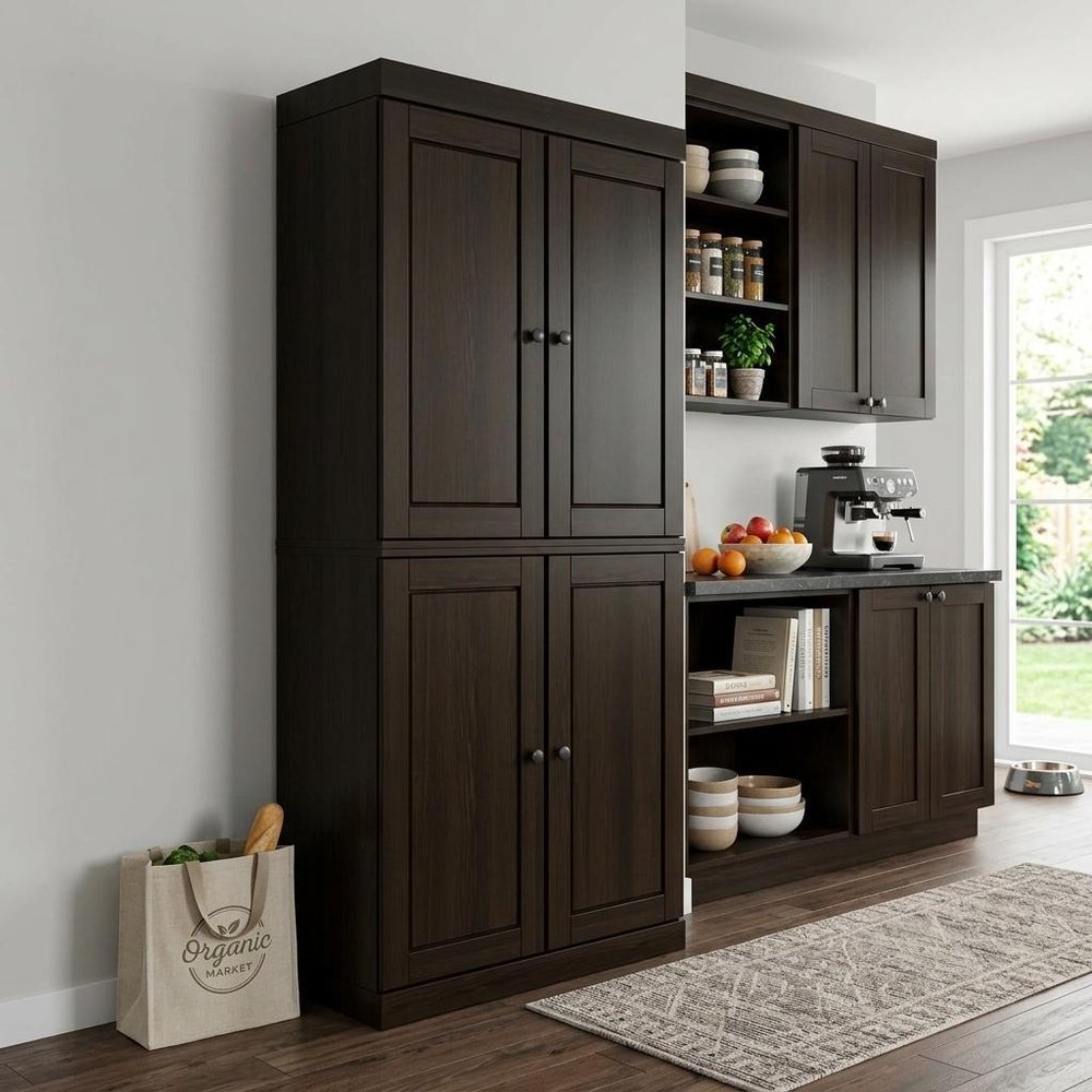 Espresso Solid Wood Four Door Pantry or Storage Closet - 72-inch