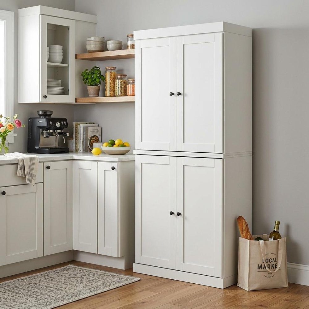 Off White Solid Wood Four Door Pantry or Storage Closet - 72-inch