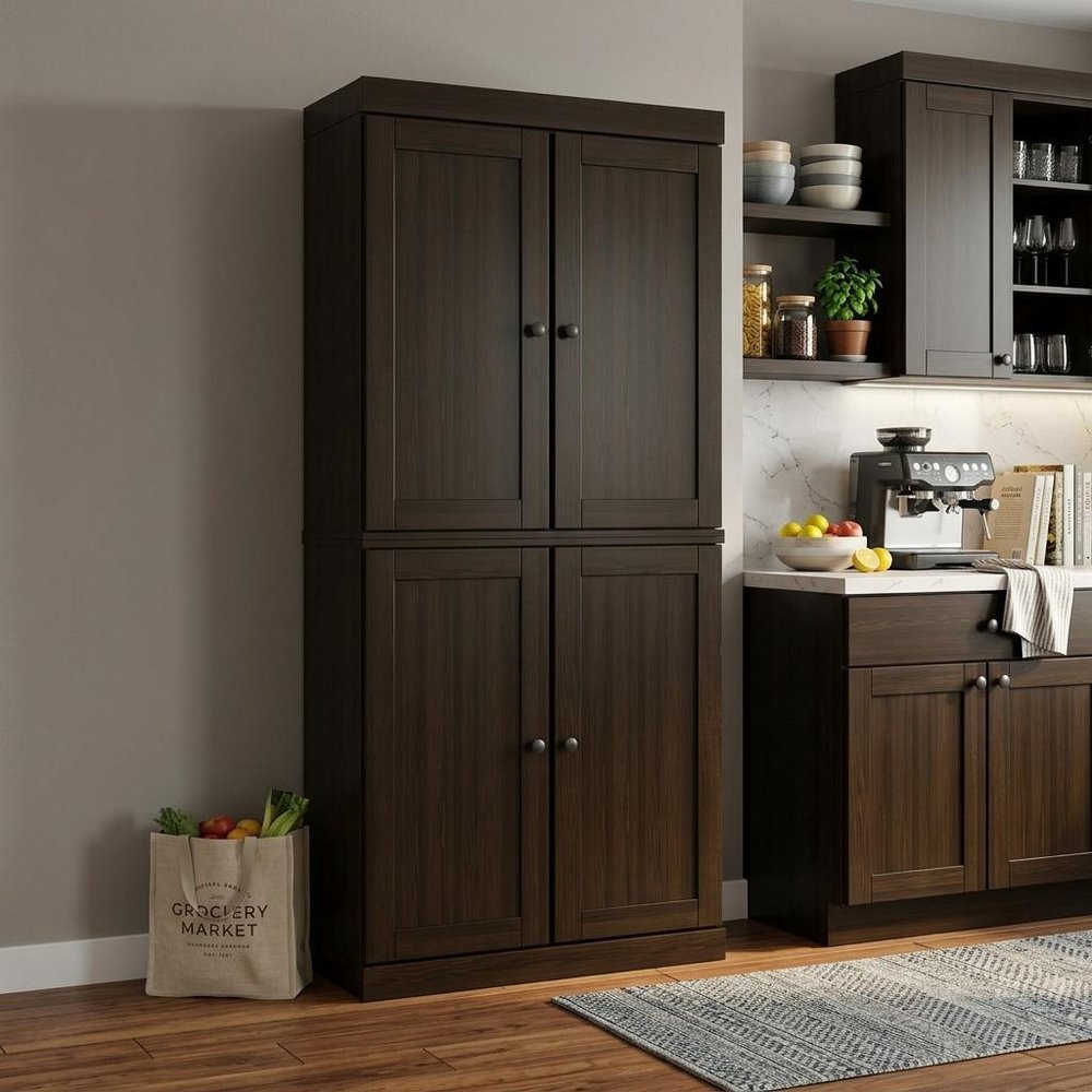 Espresso Solid Wood Four Door Pantry or Storage Closet - 72-inch