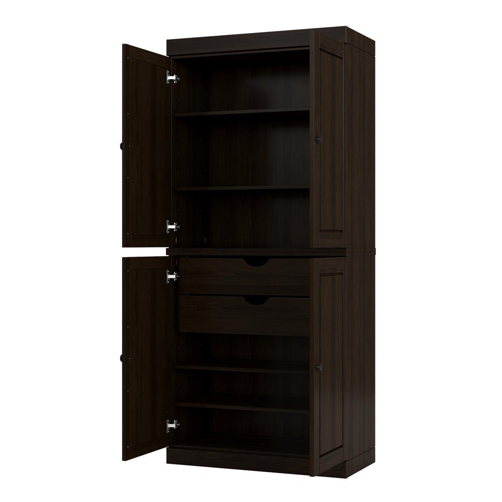 Espresso Solid Wood Four Door Two Drawer Pantry or Storage Closet - 72-inch