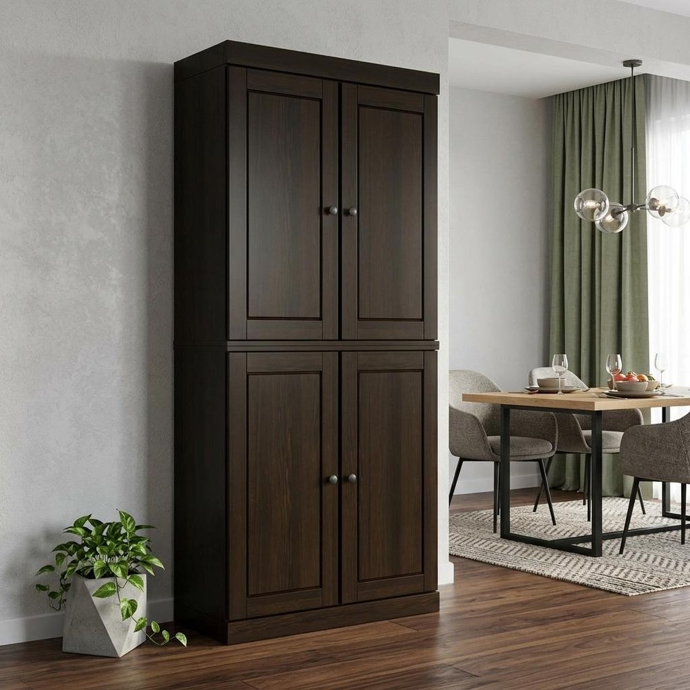 Espresso Solid Wood Four Door Two Drawer Pantry or Storage Closet - 72-inch