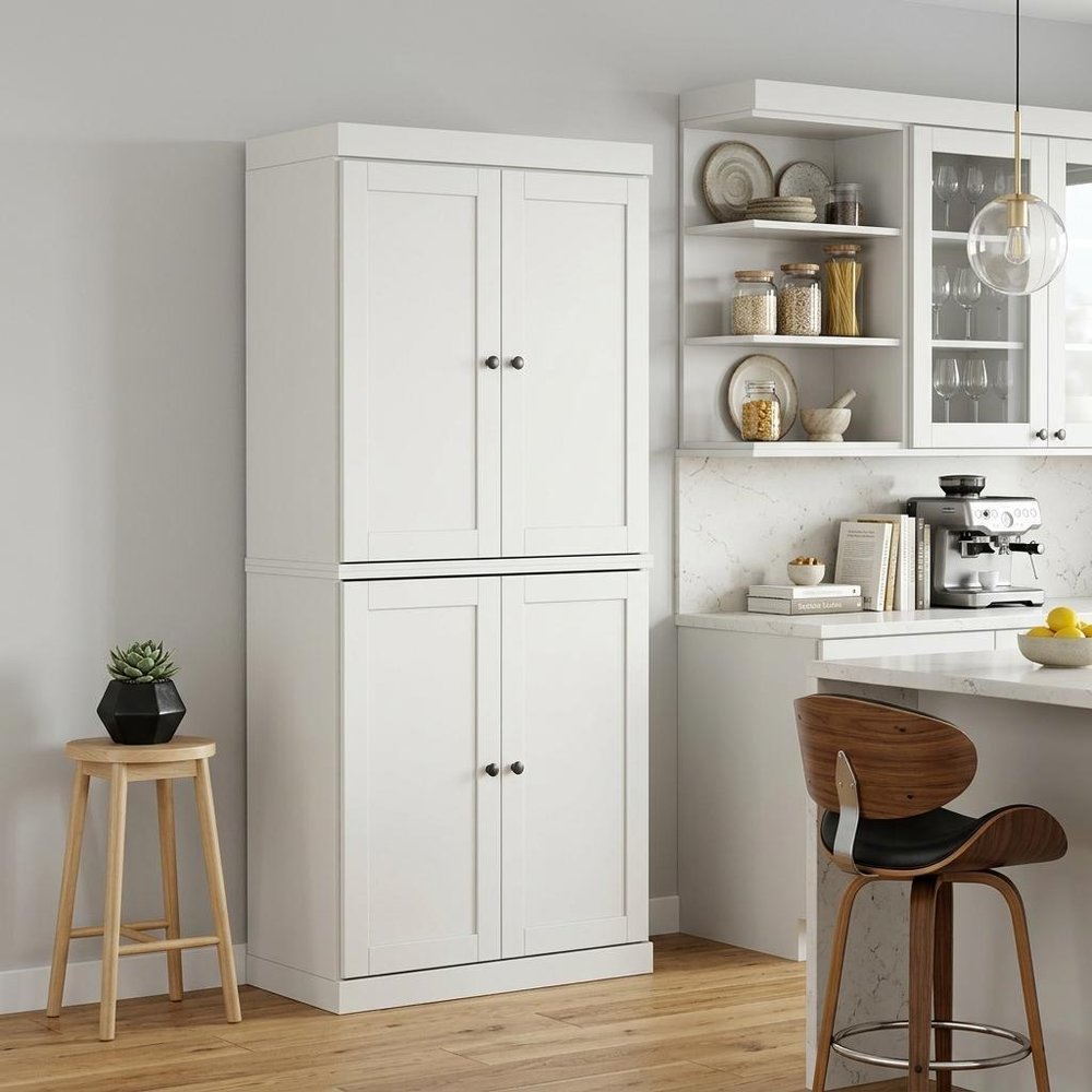Off White Solid Wood Four Door Pantry or Storage Closet - 72-inch